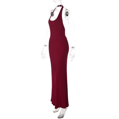 U neck halter ribbed backless solid maxi dress  | Festival Outfits Women