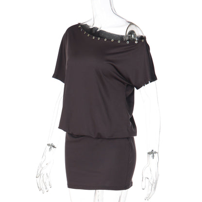 Short sleeve irregular button applique mini dress  | Festival Outfits Women