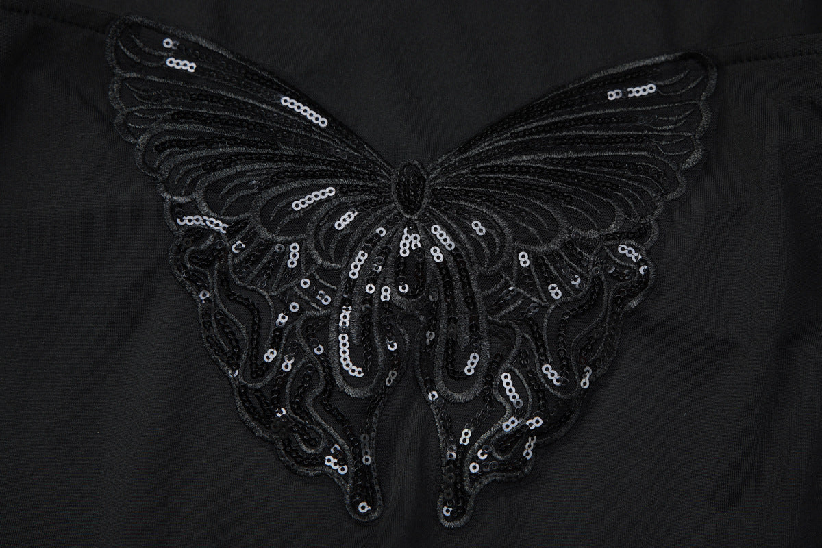 Glitter cowl neck halter butterfly embroidery mini dress  | Festival Outfits Women