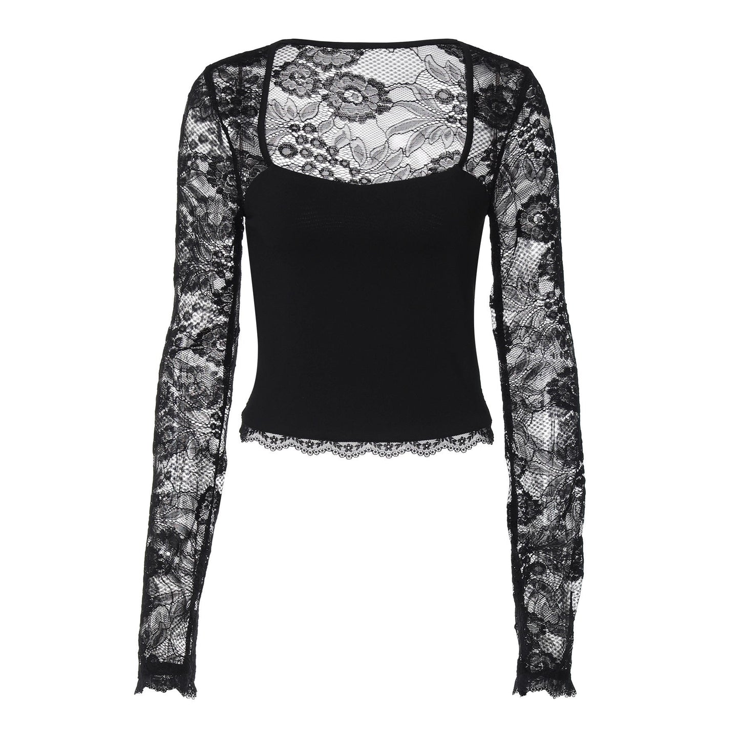 Lace hollow out long sleeve solid top  | Festival Outfits Women