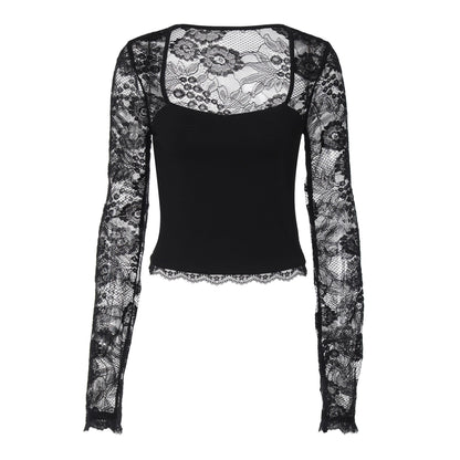 Lace hollow out long sleeve solid top  | Festival Outfits Women