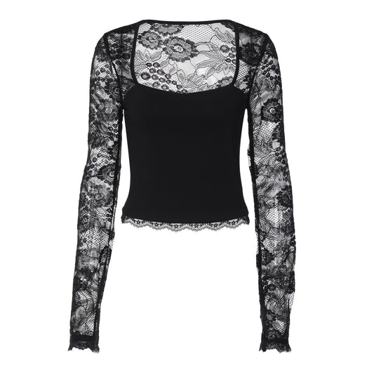 Lace hollow out long sleeve solid top  | Festival Outfits Women