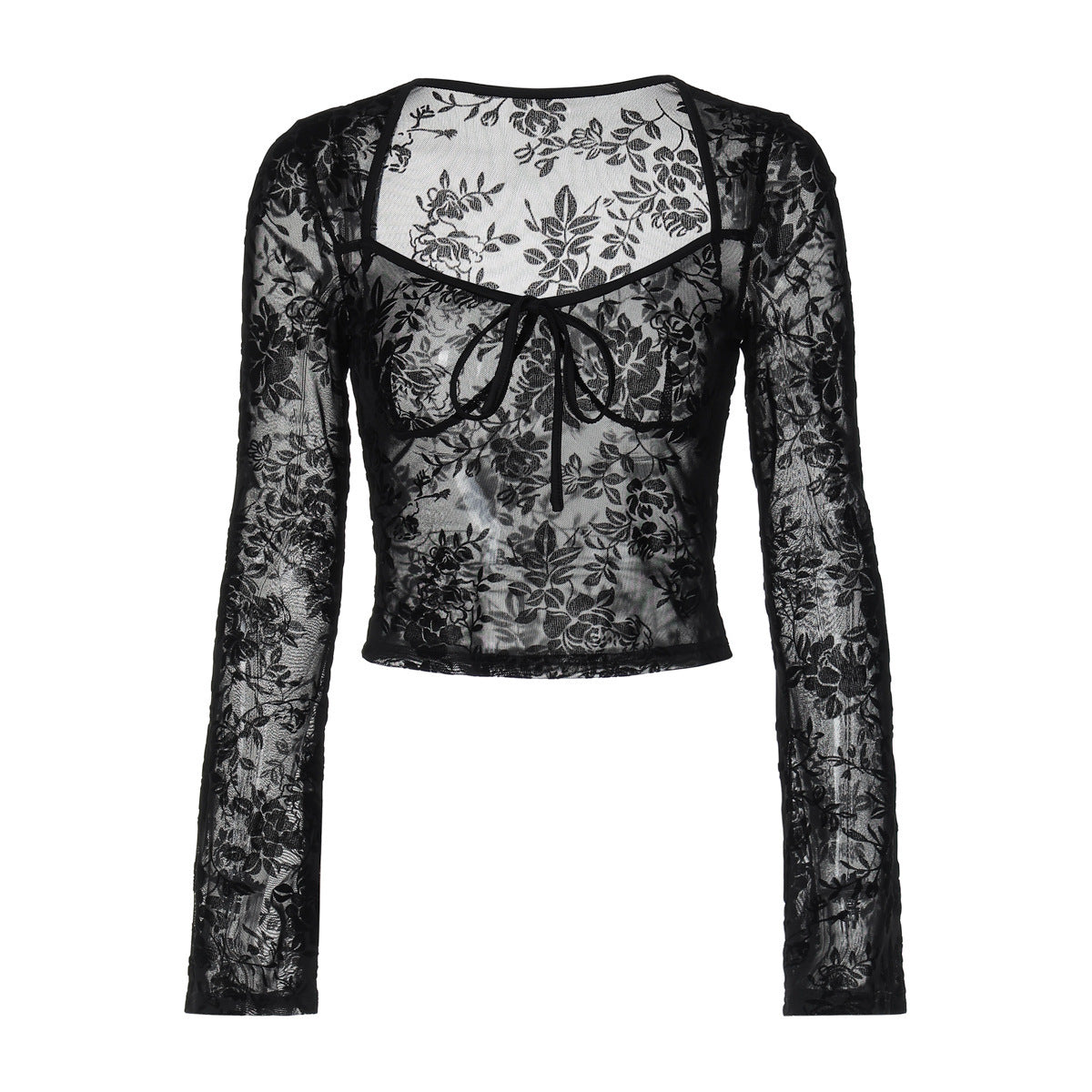 Long sleeve mesh see through v neck self tie top  | Festival Outfits Women