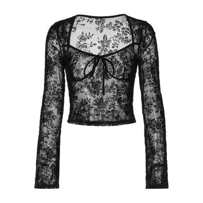 Long sleeve mesh see through v neck self tie top  | Festival Outfits Women