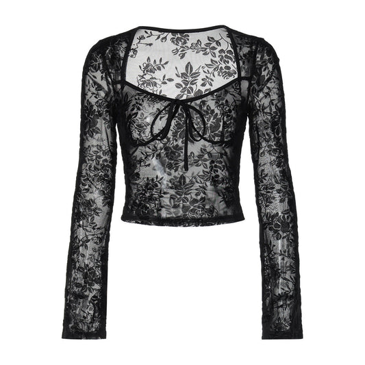 Long sleeve mesh see through v neck self tie top  | Festival Outfits Women