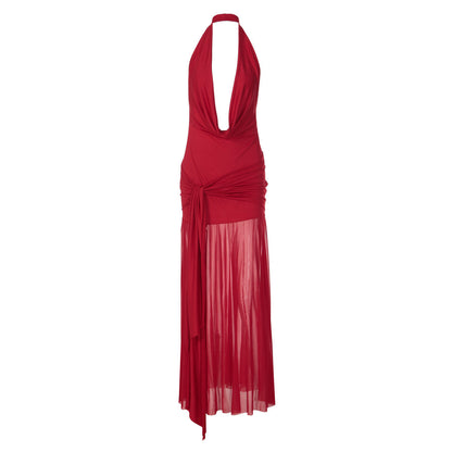 Cowl neck halter slit mesh irregular maxi dress  | Festival Outfits Women