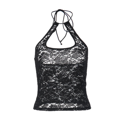 Lace see through halter self tie backless top  | Festival Outfits Women