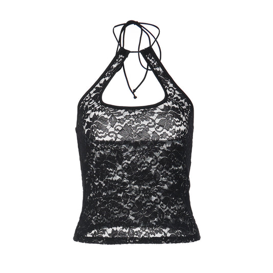 Lace see through halter self tie backless top  | Festival Outfits Women