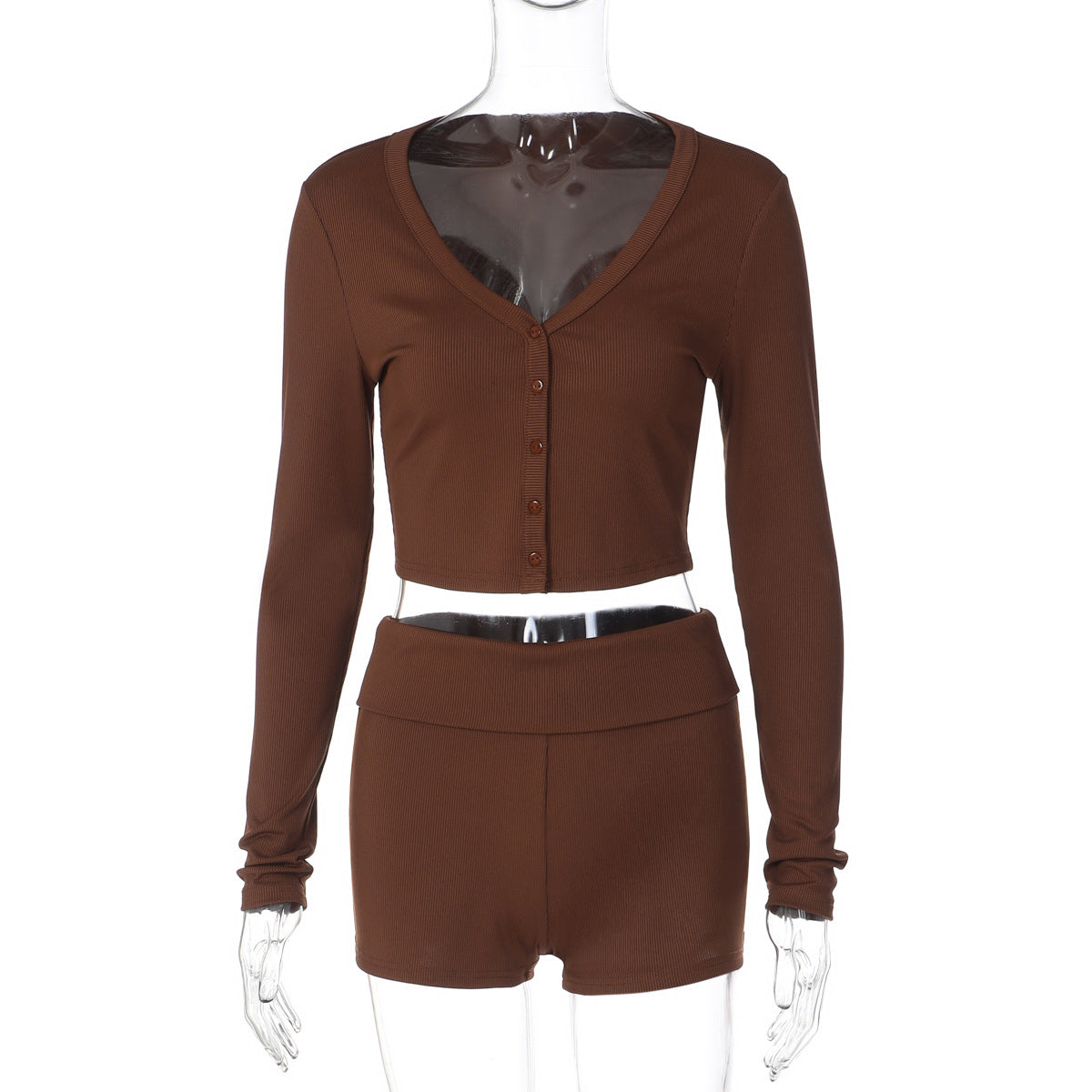 Ribbed long sleeve button v neck low rise pant set  | Festival Outfits Women