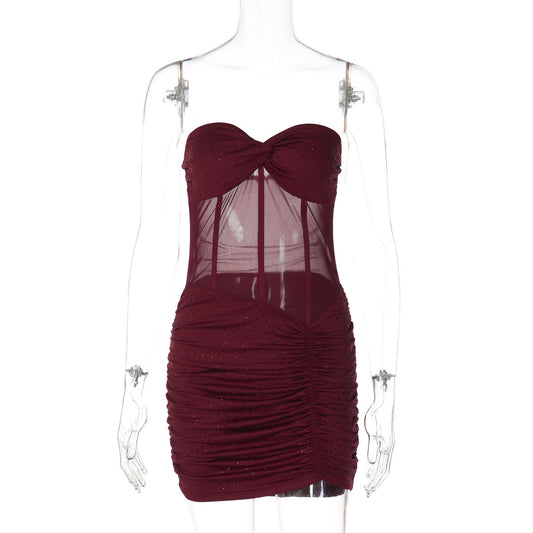 Ruched sweetheart neck beaded tube mini dress  | Festival Outfits Women