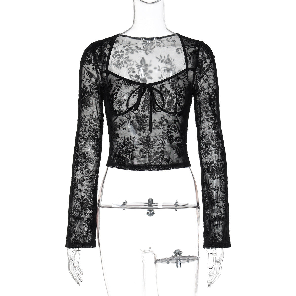 Long sleeve mesh see through v neck self tie top  | Festival Outfits Women