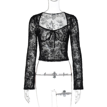 Long sleeve mesh see through v neck self tie top  | Festival Outfits Women
