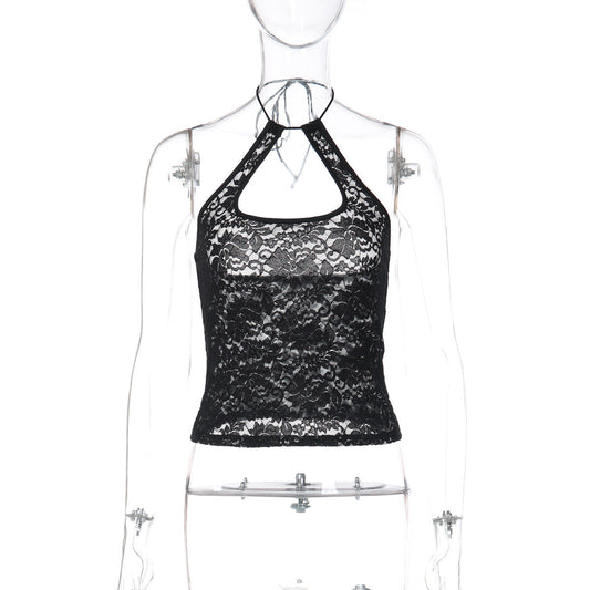 Lace see through halter self tie backless top  | Festival Outfits Women