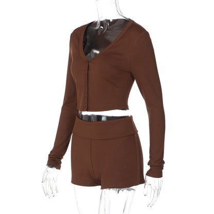 Ribbed long sleeve button v neck low rise pant set  | Festival Outfits Women