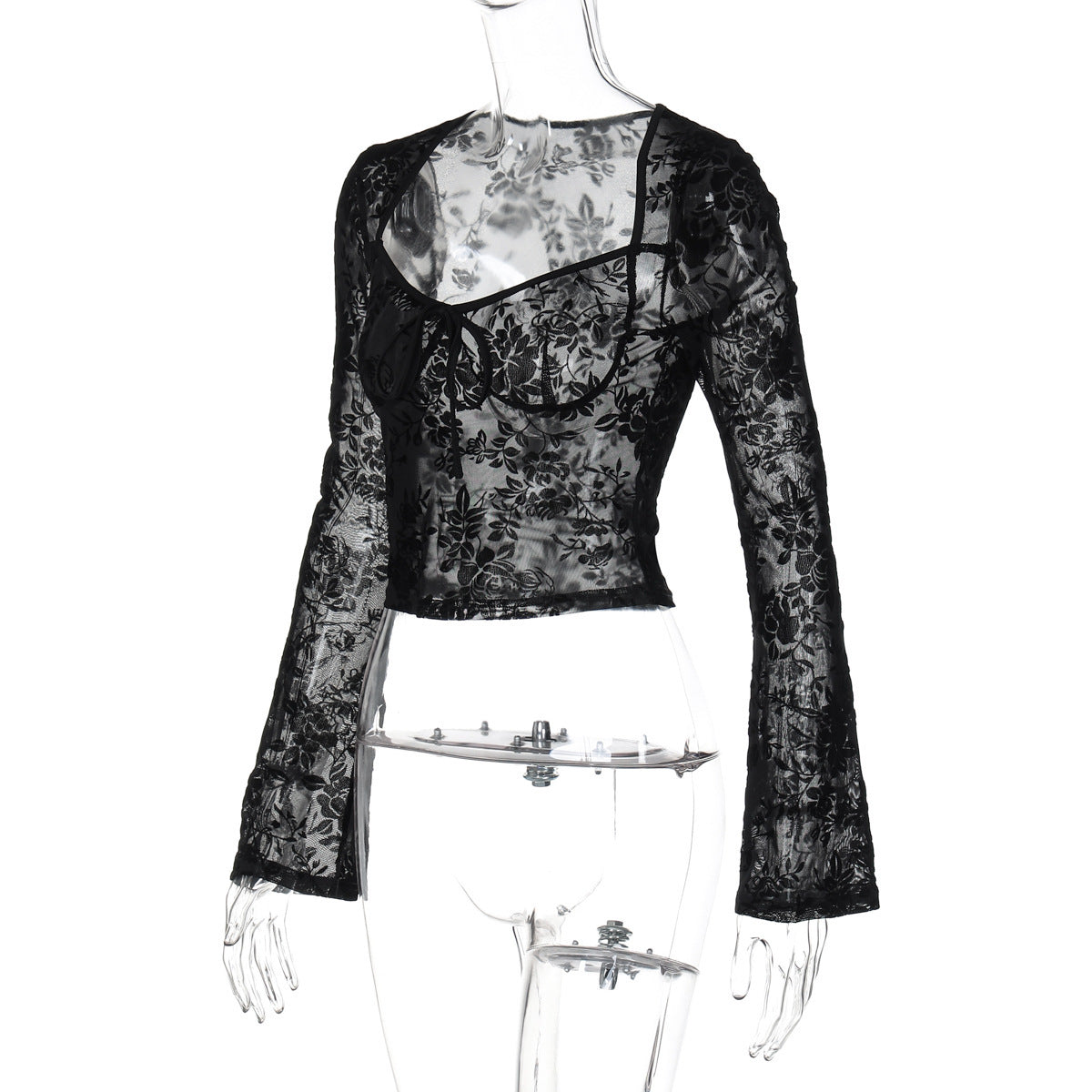 Long sleeve mesh see through v neck self tie top  | Festival Outfits Women