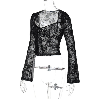 Long sleeve mesh see through v neck self tie top  | Festival Outfits Women