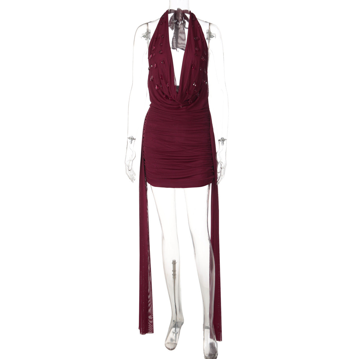 Halter cowl neck self tie water drop applique mini dress  | Festival Outfits Women