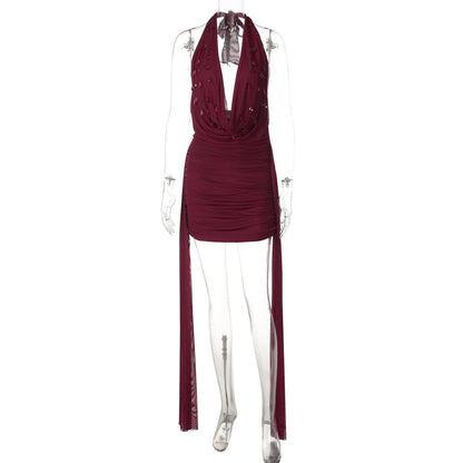 Halter cowl neck self tie water drop applique mini dress  | Festival Outfits Women