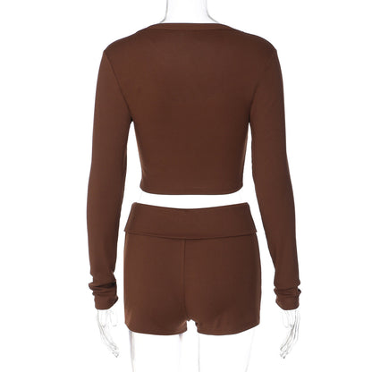 Ribbed long sleeve button v neck low rise pant set  | Festival Outfits Women
