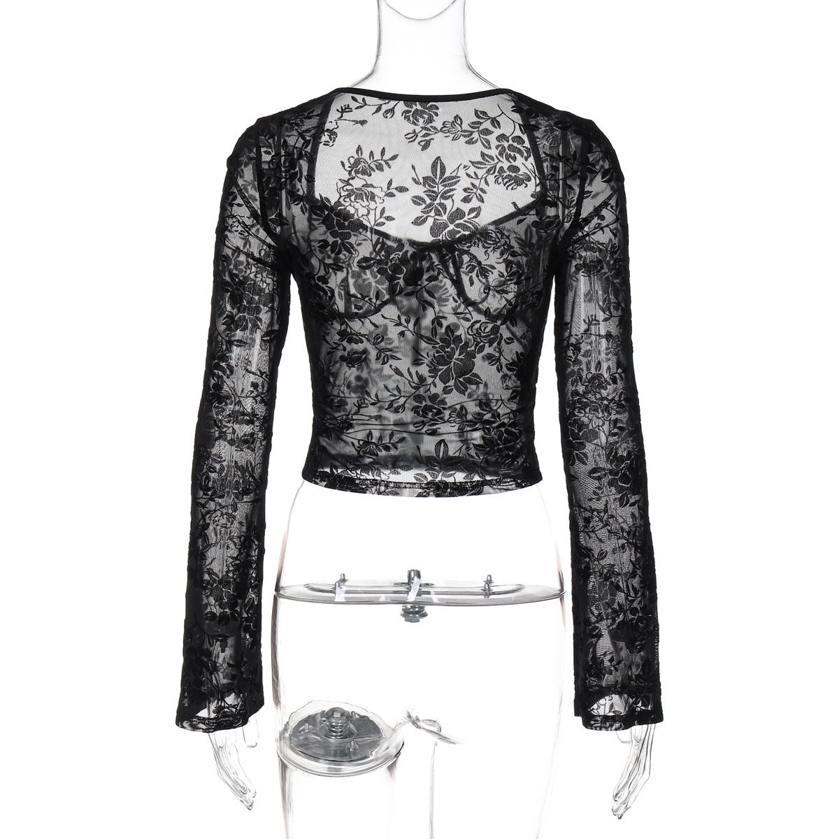 Long sleeve mesh see through v neck self tie top  | Festival Outfits Women
