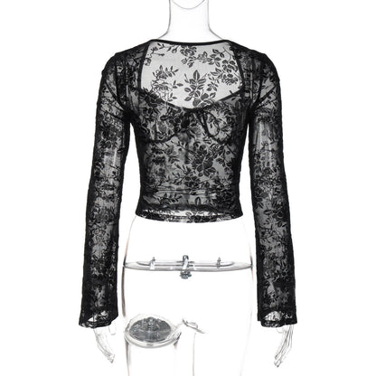 Long sleeve mesh see through v neck self tie top  | Festival Outfits Women