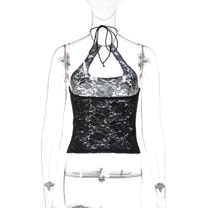 Lace see through halter self tie backless top  | Festival Outfits Women