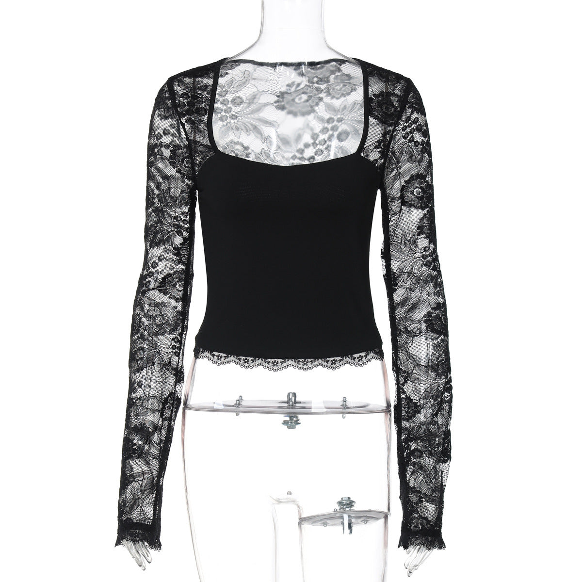 Lace hollow out long sleeve solid top  | Festival Outfits Women