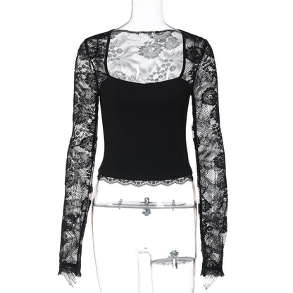 Lace hollow out long sleeve solid top  | Festival Outfits Women