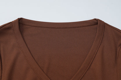 Ribbed long sleeve button v neck low rise pant set  | Festival Outfits Women