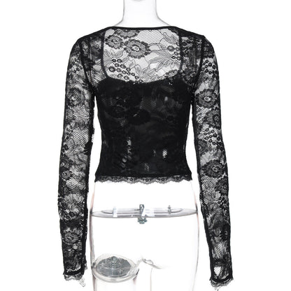 Lace hollow out long sleeve solid top  | Festival Outfits Women