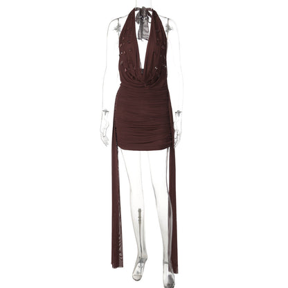 Halter cowl neck self tie water drop applique mini dress  | Festival Outfits Women