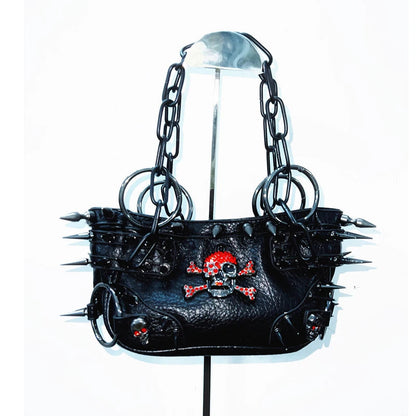 Metal chain o ring skull applique PU leather handbag  | Festival Outfits Women
