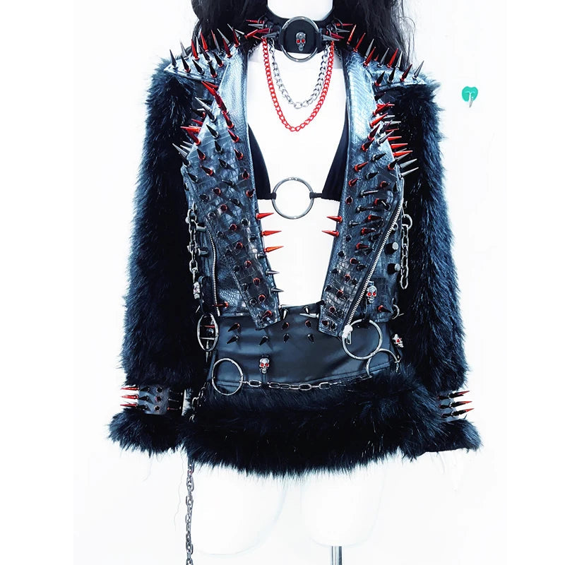 Long sleeve fluffy o ring zip-up rivet applique top  | Festival Outfits Women