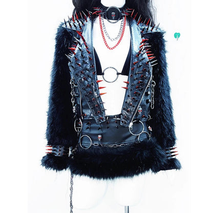 Long sleeve fluffy o ring zip-up rivet applique top  | Festival Outfits Women
