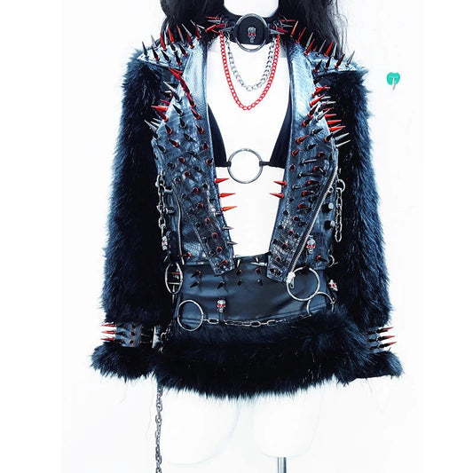Long sleeve fluffy o ring zip-up rivet applique top  | Festival Outfits Women
