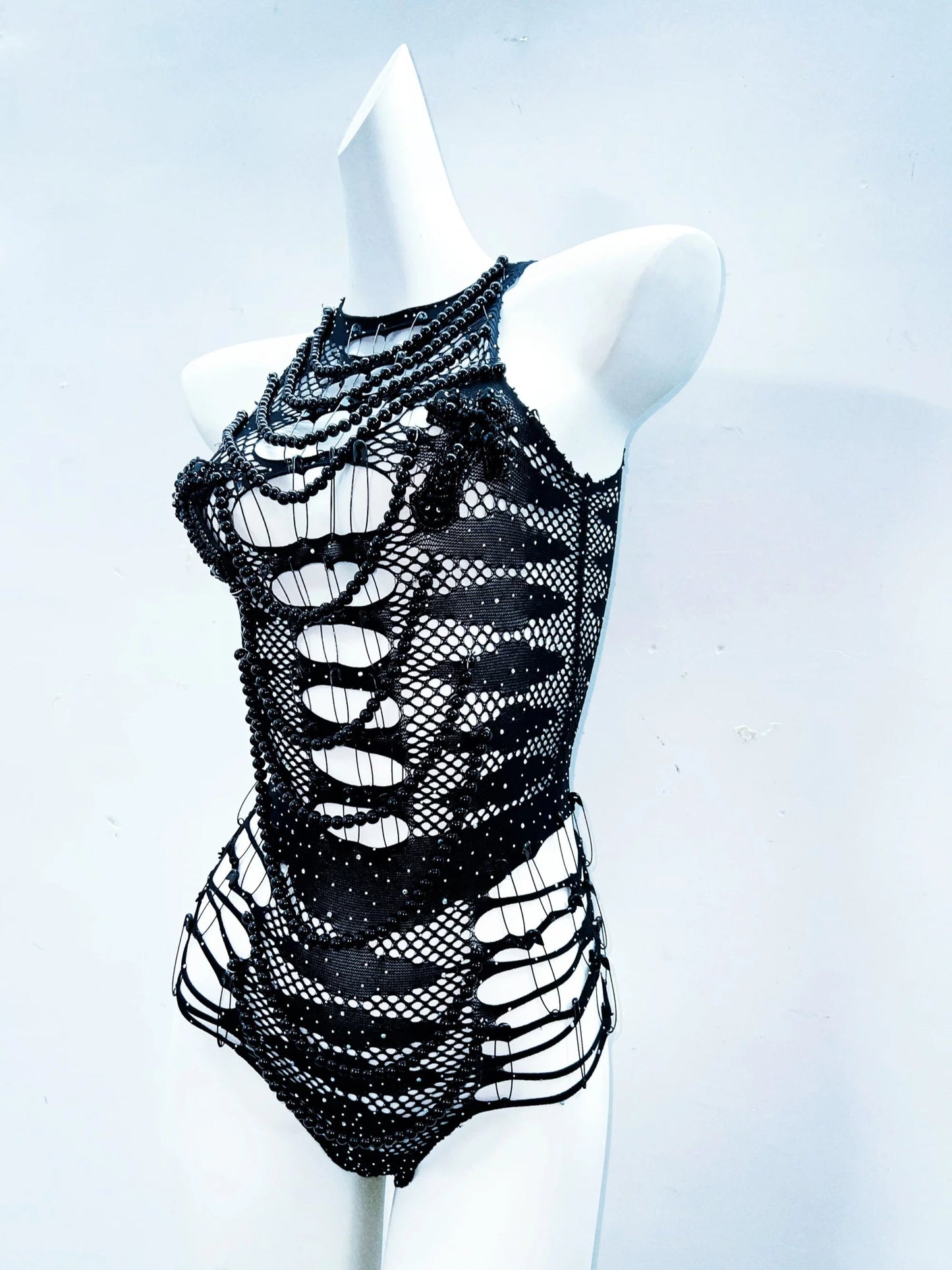 Hollow out beaded sleeveless see through bodysuit  | Festival Outfits Women