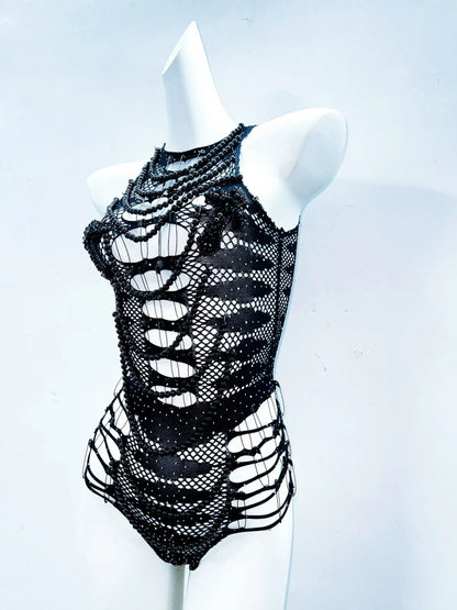 Hollow out beaded sleeveless see through bodysuit  | Festival Outfits Women