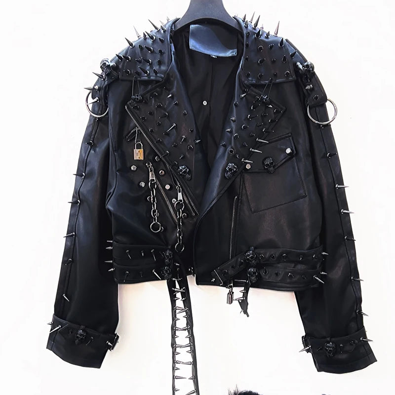 PU leather long sleeve zip-up rivet applique o ring top  | Festival Outfits Women