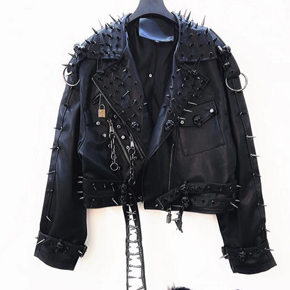 PU leather long sleeve zip-up rivet applique o ring top  | Festival Outfits Women
