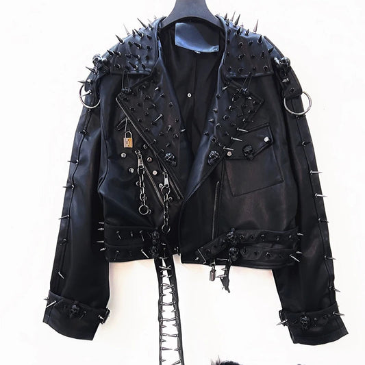 PU leather long sleeve zip-up rivet applique o ring top  | Festival Outfits Women