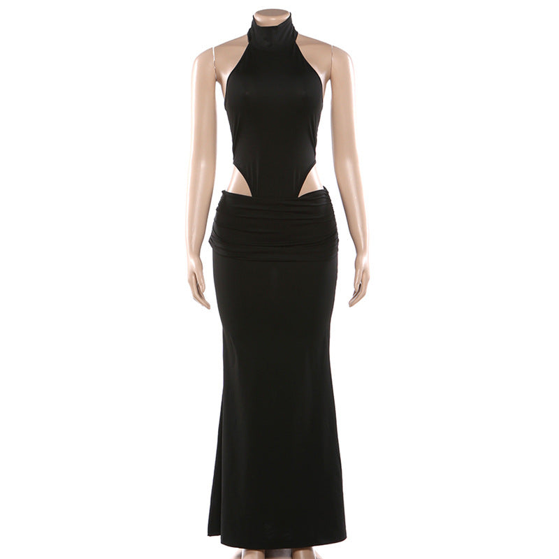 Halter ruched solid backless mini skirt set  | Festival Outfits Women