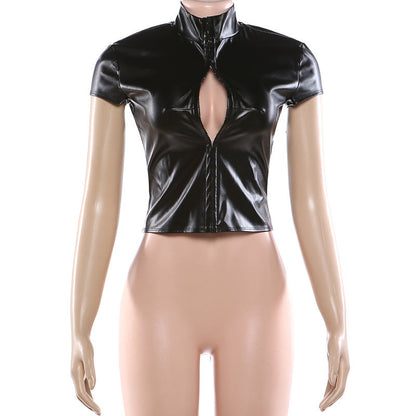 Short sleeve PU leather high neck top  | Festival Outfits Women