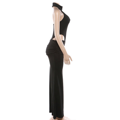 Halter ruched solid backless mini skirt set  | Festival Outfits Women