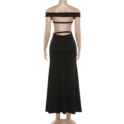 Off shoulder hollow out backless solid maxi dress  | Festival Outfits Women