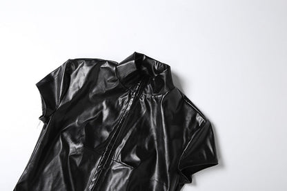 Short sleeve PU leather high neck top  | Festival Outfits Women