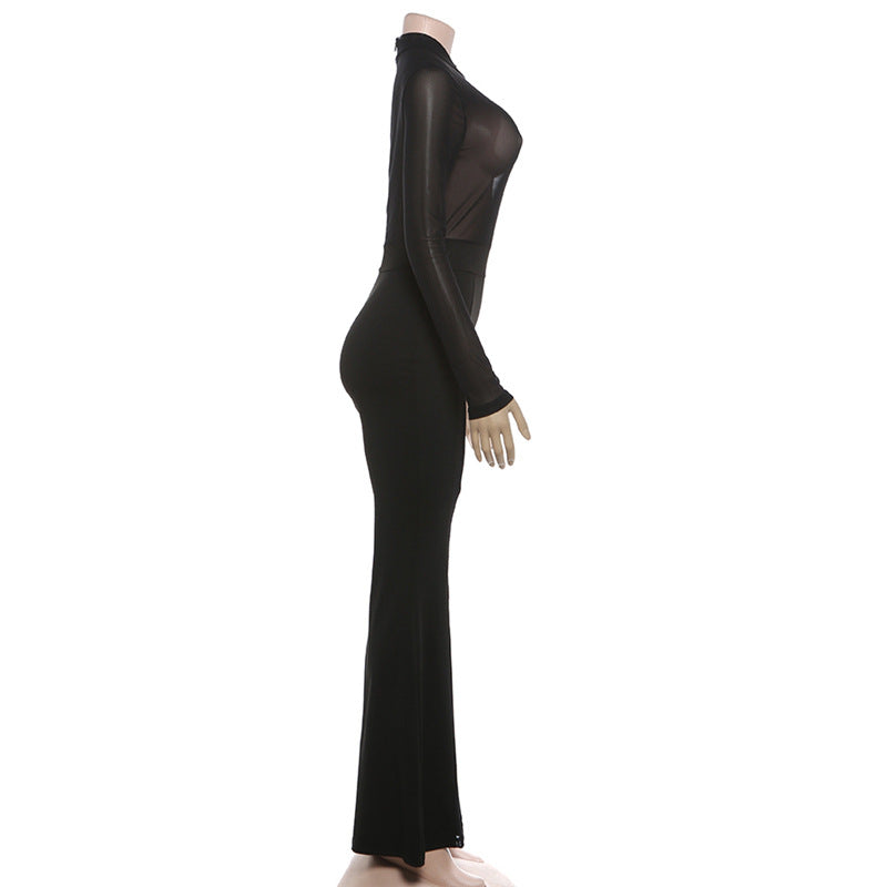 Long sleeve mesh zip-up see through jumpsuit  | Festival Outfits Women