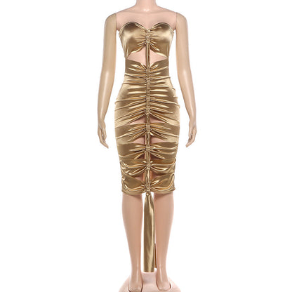 Hollow out ruched metallic tube mini dress  | Festival Outfits Women