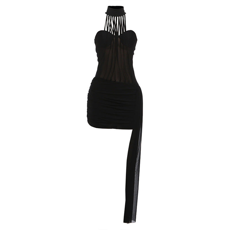 High neck ruched irregular mesh solid mini dress  | Festival Outfits Women