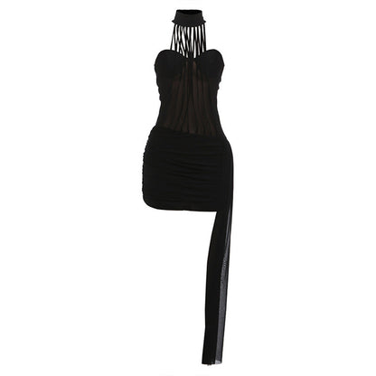 High neck ruched irregular mesh solid mini dress  | Festival Outfits Women
