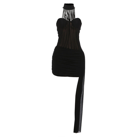 High neck ruched irregular mesh solid mini dress  | Festival Outfits Women
